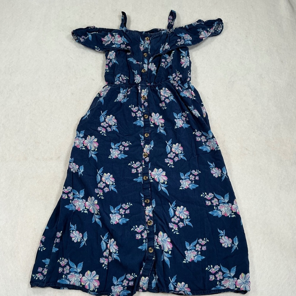 Justice Girls Navy Blue Floral Off Shoulder Maxi Dress Size S 7/8 Button Front